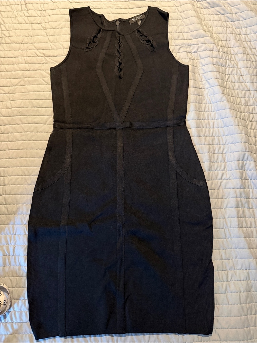 Guess Black Sleeveless Sheath Dress with Braided Neckline